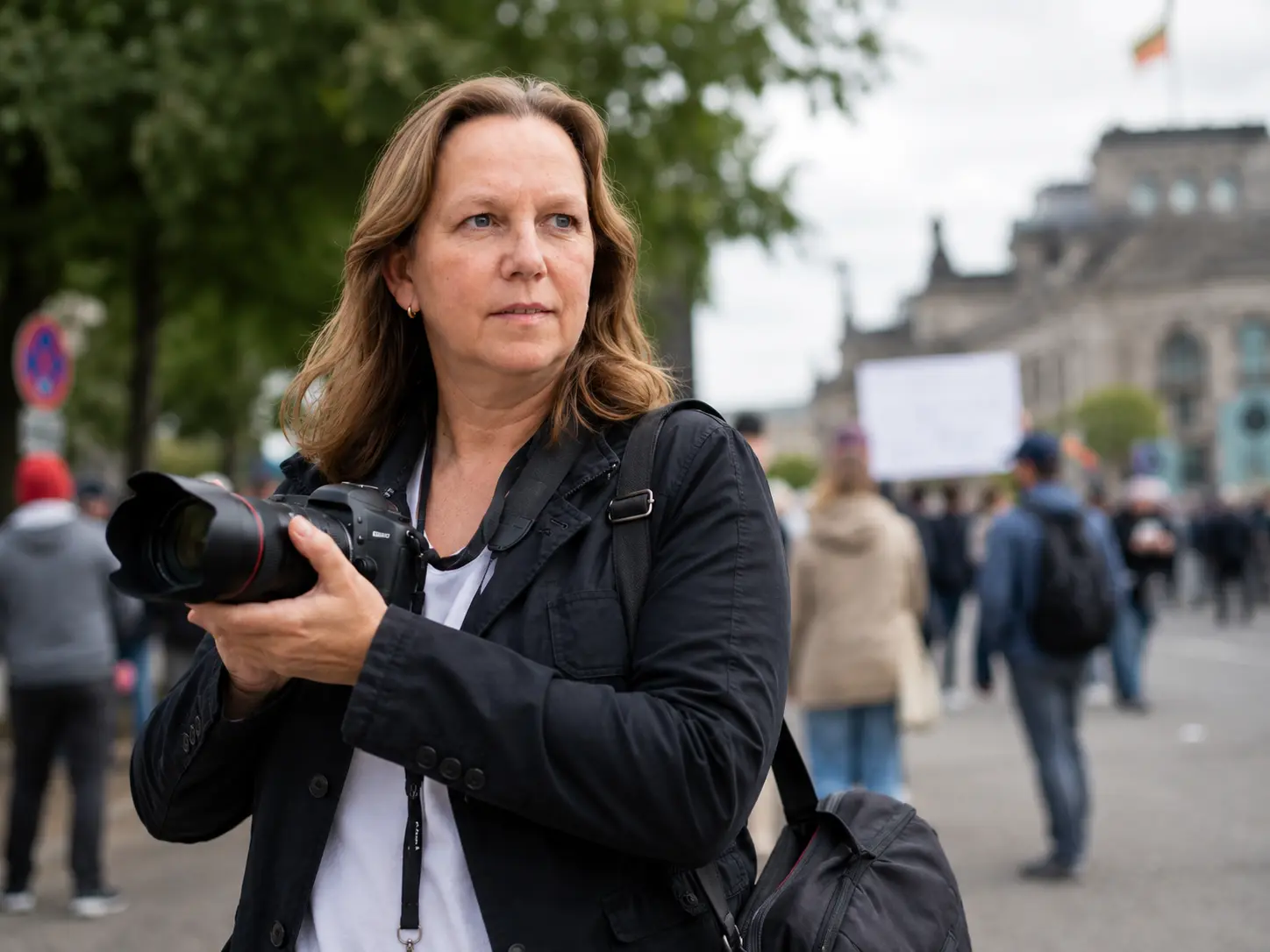 Heike Eschmann mit Kamera bei einer Veranstaltung